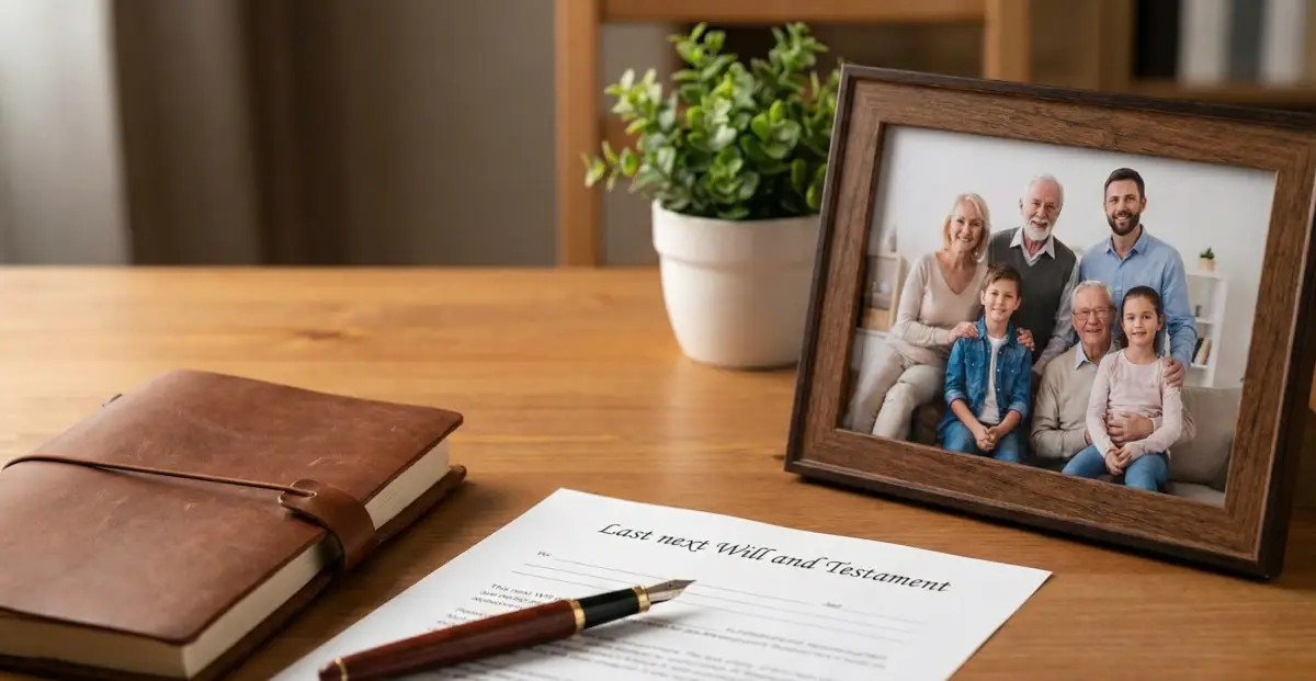A document titled "Last Will and Testament" resting on a wooden desk next to a fountain pen, a brown leather journal, and a framed photograph of a multi-generational family.
